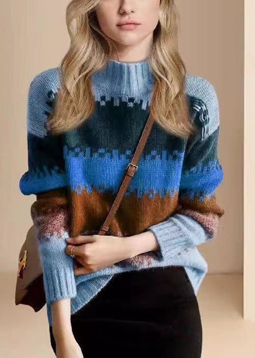Loose Blue O Neck Thick Patchwork Knit Sweater Winter WV033 ABC