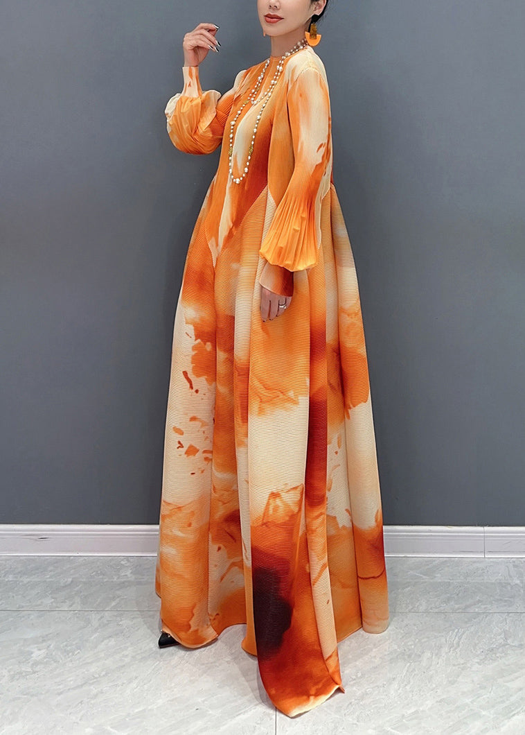 Chic Chiffon Stand Spring Long Orange Dress Wrinkled Collar FashionChic