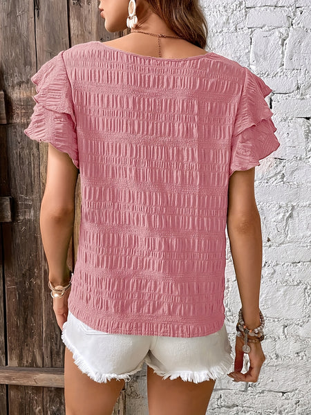 Elegant All-Season Crew Neck Blouse with Timeless Ruffle Detail, Durable & Non-Elastic Fabric - Perfect for Any Occasion Furdela