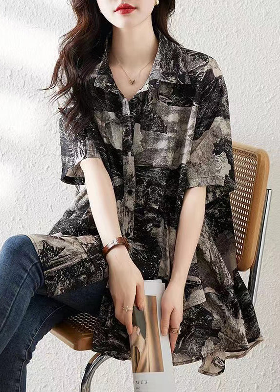 Loose Black Button Print Low High Design Cotton Shirt Summer NN045 shopify