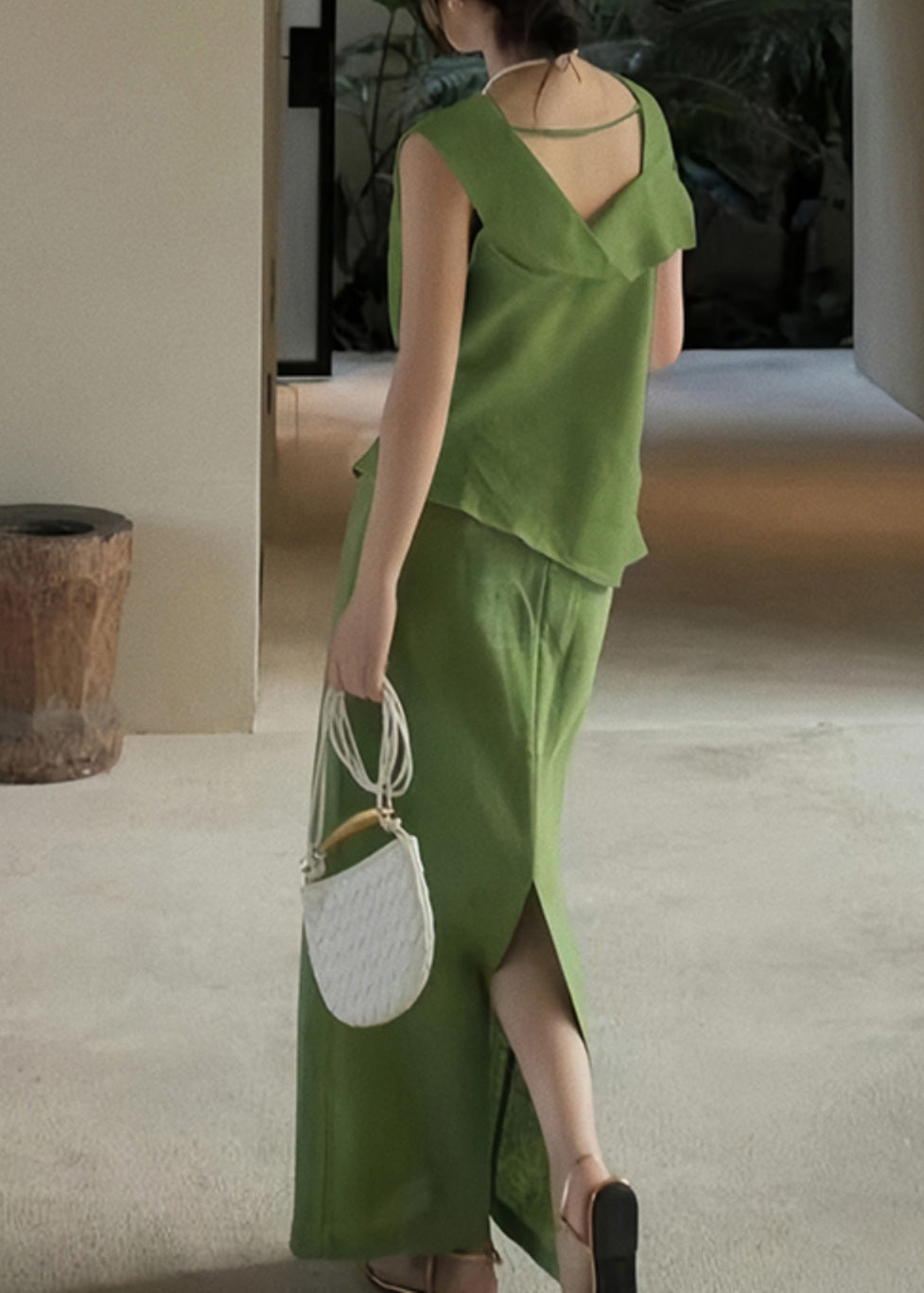 French Green O-Neck Patchwork Linen Top And Maxi Skirts Two Pieces Set Sleeveless AN1011 Genistyle Shop