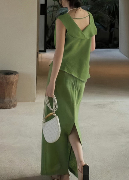 French Green O-Neck Patchwork Linen Top And Maxi Skirts Two Pieces Set Sleeveless AN1011 Genistyle Shop