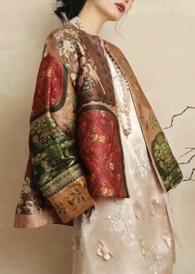 Chinese Style Yellow O-Neck Print Silk Coats Spring TW026 ABC