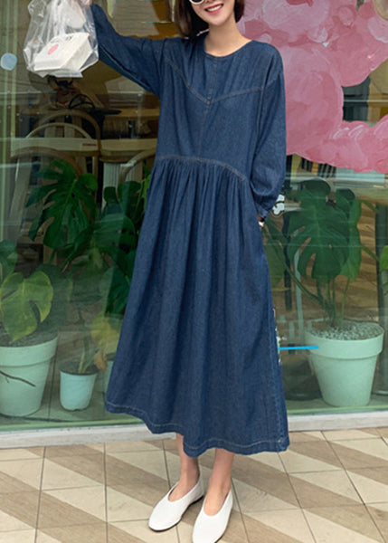 Casual Denim Blue O-Neck Wrinkled Patchwork Long Dress Spring TT1049 shopify