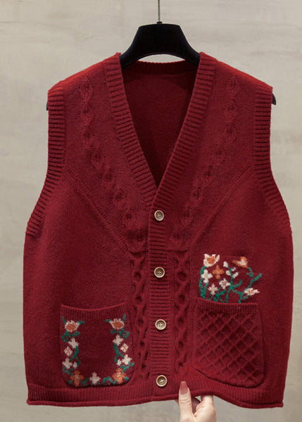 Natural Yellow V Neck Floral Cotton Knitted Waistcoat Fall QP014 OL-NTP241001