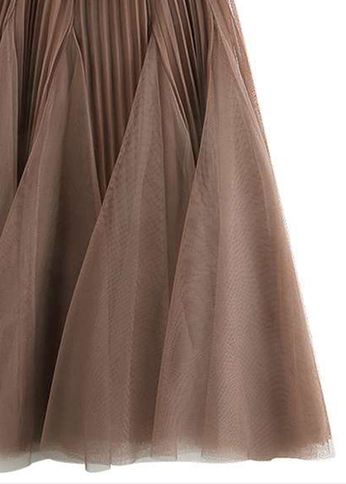 Women Brown Wrinkled Elastic Waist Tulle Skirts Spring RV005 ABC