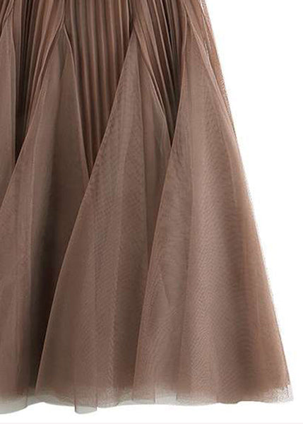 Women Brown Wrinkled Elastic Waist Tulle Skirts Spring RV005 ABC