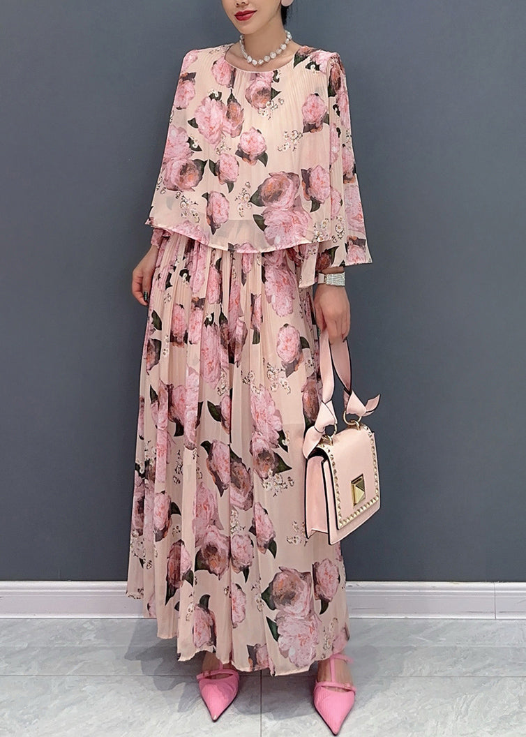 Classy Pink O Neck Print Chiffon Two Piece Set Women Clothing Summer AO1010 JDML-TPIEC240909