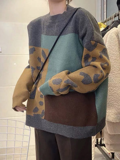 Original Brown Round-Neck Contrasting Color Blocks Leopard Long Sleeve Sweater AN1048 Genistyle Shop