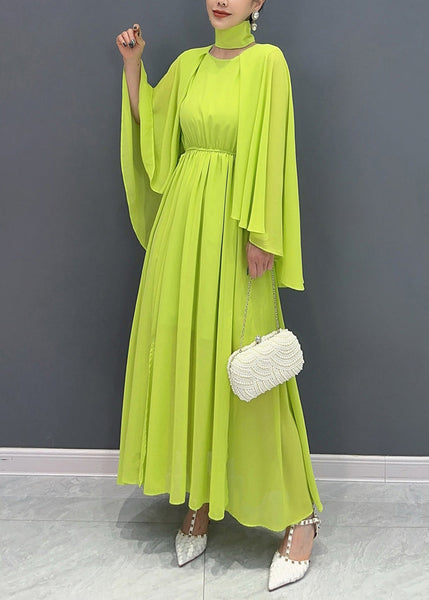 Fitted Green Shawl Collar Patchwork Vacation Maxi Dresses Flare Sleeve AO1031 JDML-FDL240909