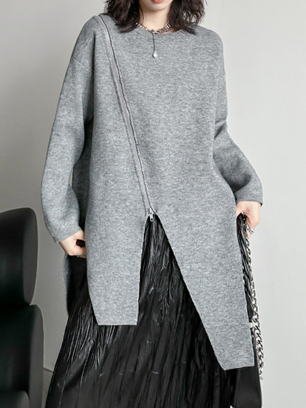 Street Grey Round-neck Zipper Decor Irregular High-low Hem Long Sleeve Sweater AN1067 Genistyle Shop