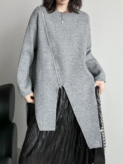 Street Grey Round-neck Zipper Decor Irregular High-low Hem Long Sleeve Sweater AN1067 Genistyle Shop
