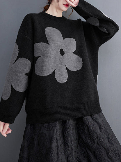 Cute Loose Black Round-Neck Contrast Color Flower Long Sleeve Sweater AN1070 Genistyle Shop