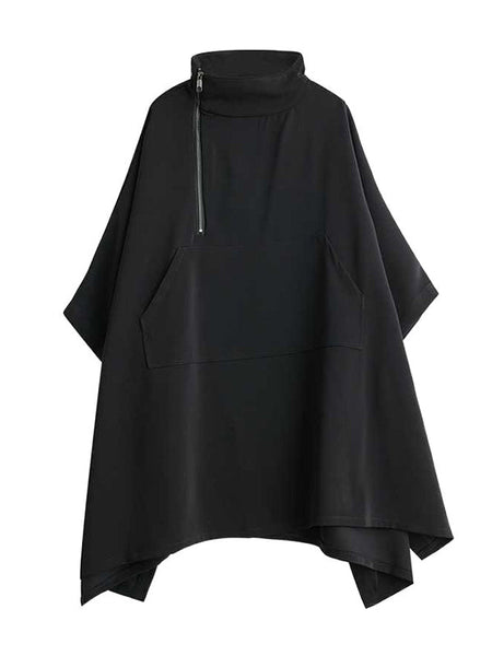 Simple Loose Black Mock Neck With Zipper Buttoned Pockets Batwing Sleeves Sweatshirt WS016 shopify