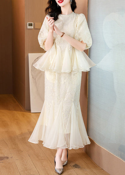 Embroidered Silk Chic And Fishtail Two Skirt Tops Beige Pieces FashionChic