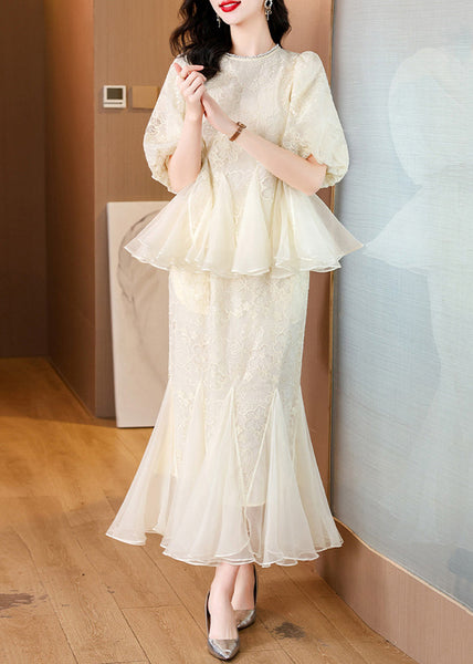 Embroidered Silk Chic And Fishtail Two Skirt Tops Beige Pieces FashionChic