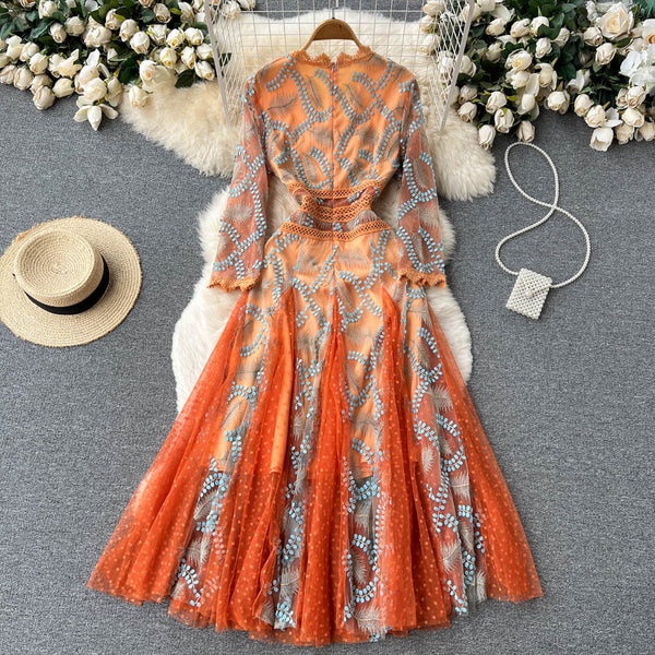 Italian Orange V-Neck Embroidery Tulle Long Sleeve Dress AR1005 shopify