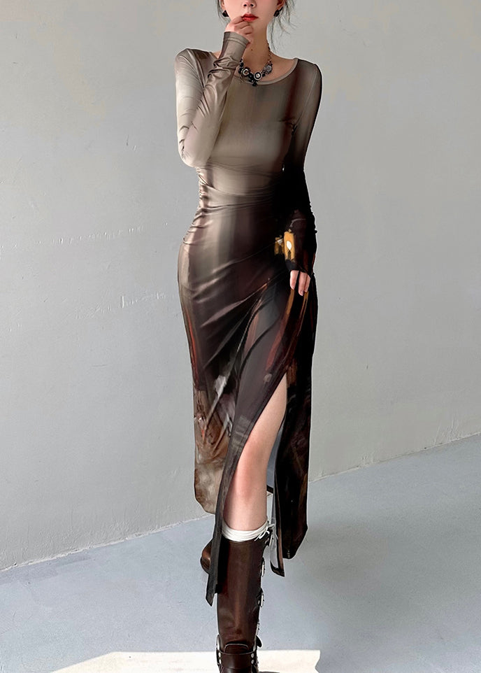 French Retro Oil Painting Printed Side Open Dress Autumn AN1012 Genistyle Shop