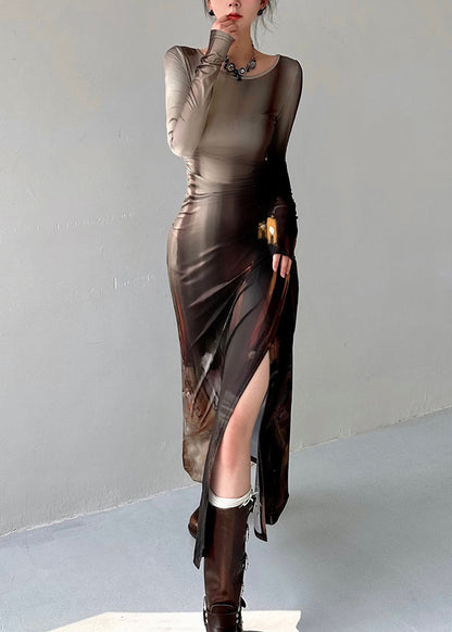 French Retro Oil Painting Printed Side Open Dress Autumn AN1012 Genistyle Shop