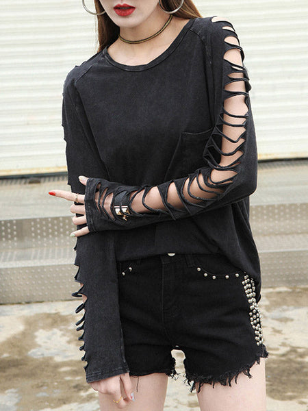Black Sleeves T-shirt Out Long Round-neck Street Loose Hollow FashionChic