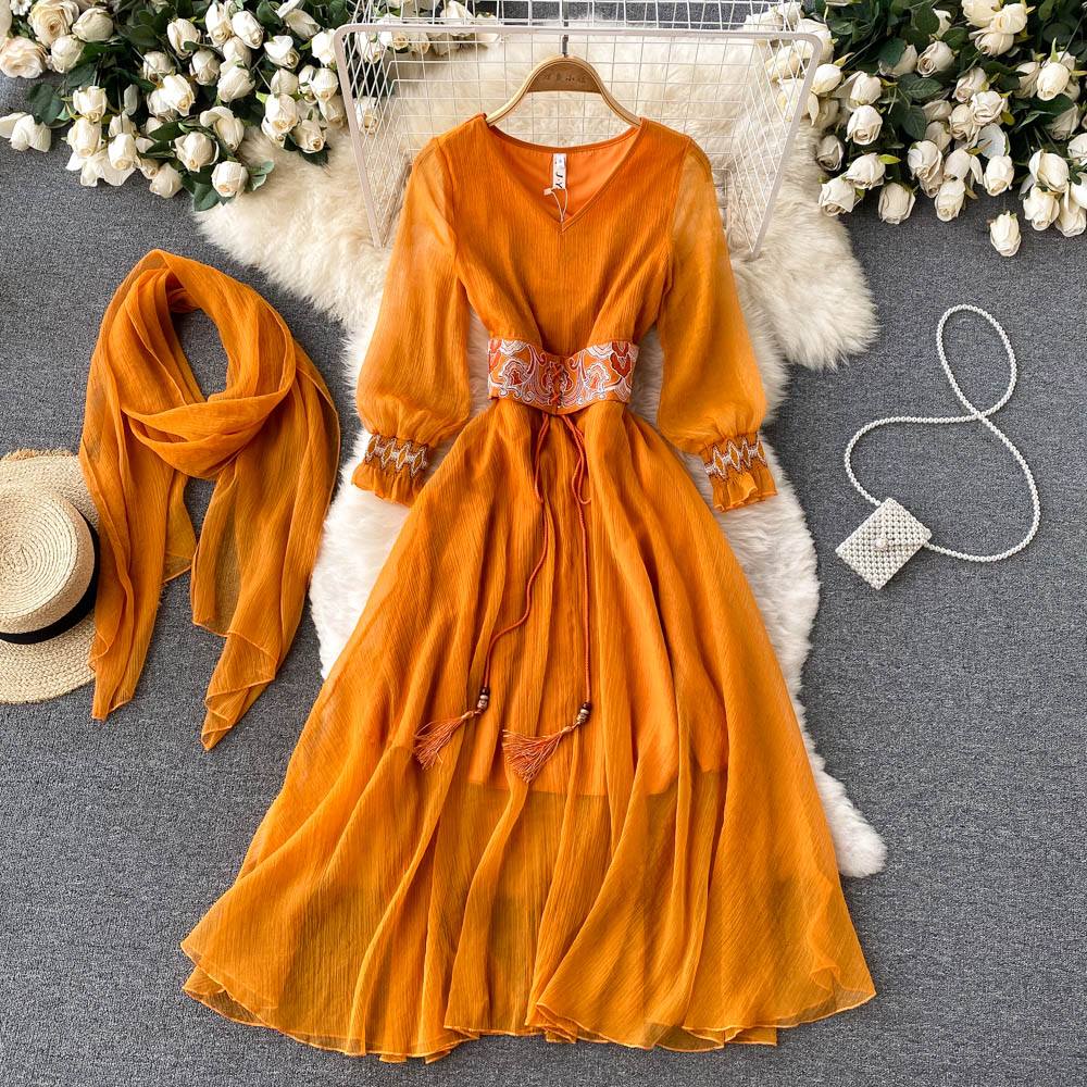 Retro Orange V Neck Splicing Embroidered Waistband Lantern Sleeve Dress AR1013 shopify