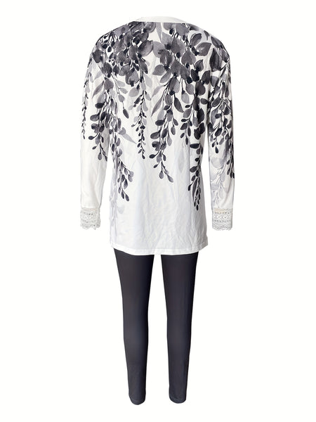 Chic Lace-Trimmed Two-Piece Set: Comfy Crew Neck Top & Sleek Skinny Pants for Every Occasion Furdela