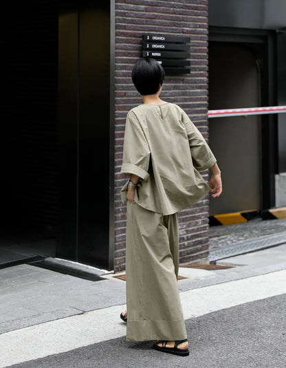 Casual Cotton Top Drawstring Sleeve Khaki Half Asymmetrical FashionChic