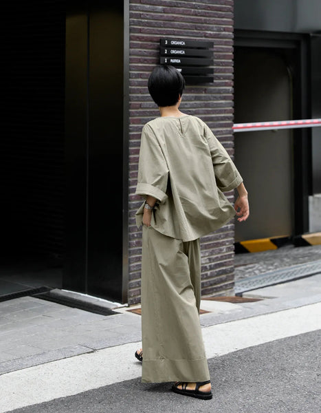 Casual Cotton Top Drawstring Sleeve Khaki Half Asymmetrical FashionChic