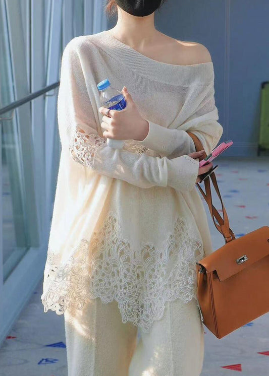 Boutique Beige Cold Shoulder Lace Patchwork Woolen Knit Sweaters Fall RV027 ABC