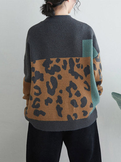 Original Brown Round-Neck Contrasting Color Blocks Leopard Long Sleeve Sweater AN1048 Genistyle Shop
