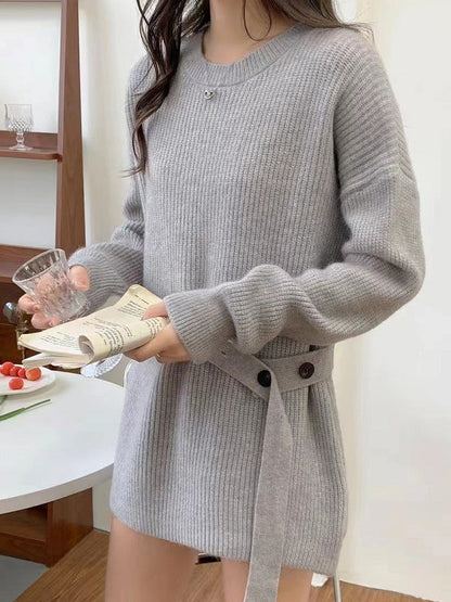 Chic Green Round-Neck Bandage Long Sleeve Knit Sweater AN1036 Genistyle Shop