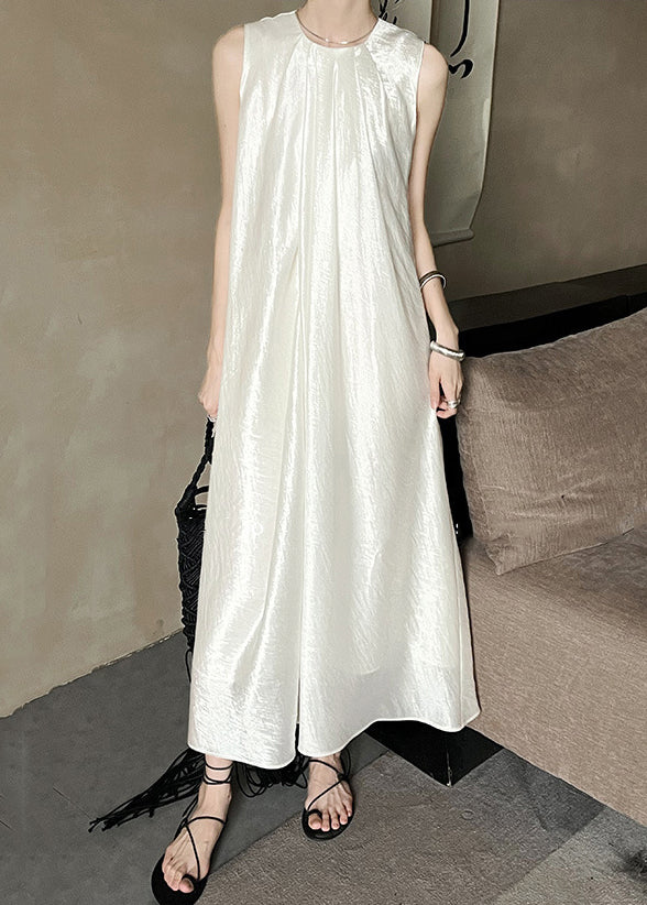 French Apricot O-Neck Solid Silk Long Dress Sleeveless EE036 shopify