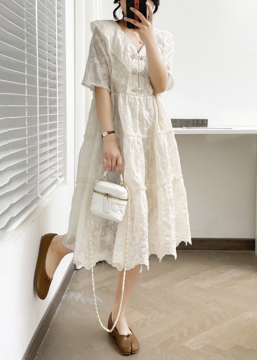 Elegant White V Neck Button Ruffled Cotton Dress Summer NN040 shopify