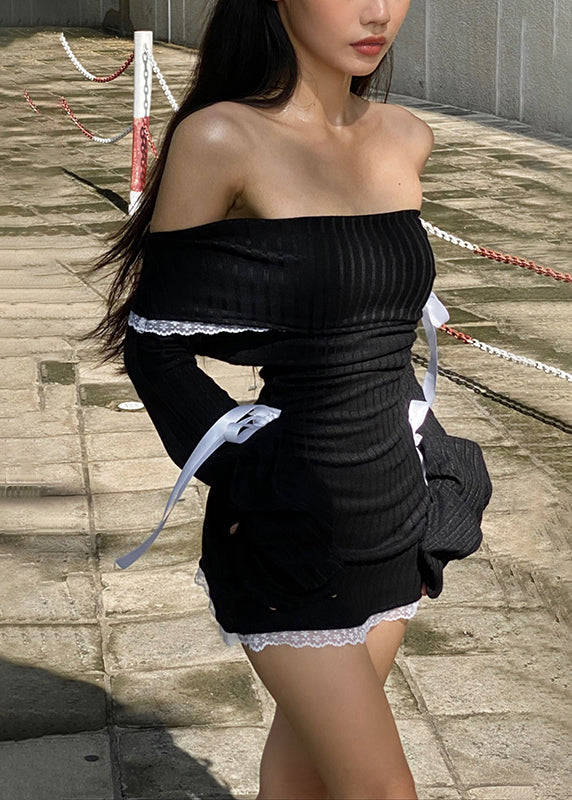 Lace Cotton Bow Dress Knitting Black Spring Neck Slim Fit Slash FashionChic