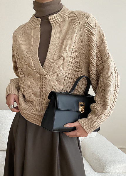 Khaki Cozy Solid Knit Sweaters V Neck Fall AF1047 HS-NTP240914