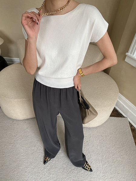 Pink Sleeve Top Short Knit Boat Loose Neck Stylish FashionChic