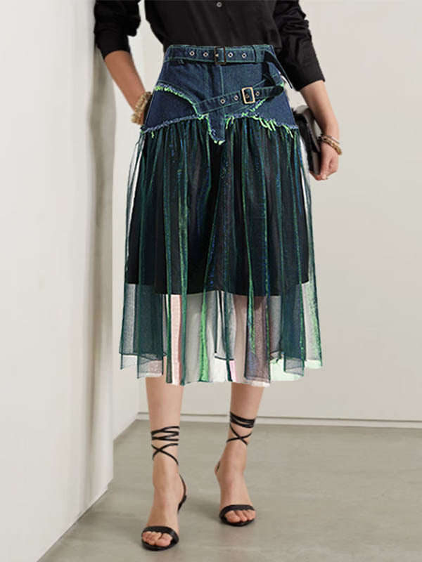 Denim Shiny Waisted Skirt A-Line Green Belted Chic High Tulle FashionChic