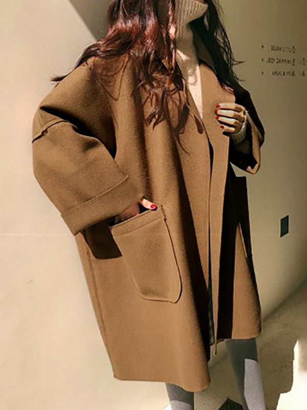 Elegant Loose Khaki Notched Collar Buttoned Pockets Long Sleeves Woolen Coat WS013 shopify