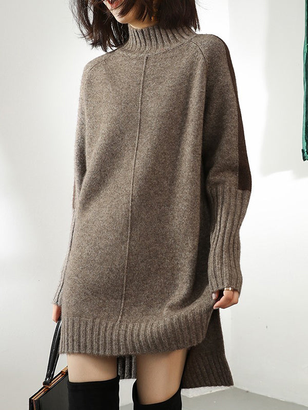 Urban Camel Half Turtleneck Contrast Color Long Sleeve Knit Sweater Dress AN1068 Genistyle Shop