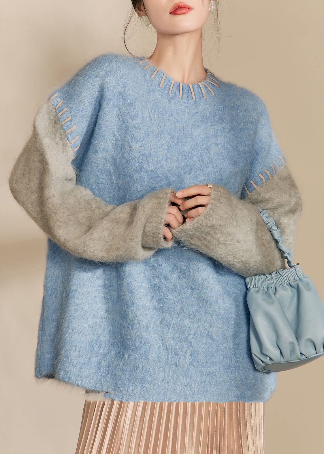 Loose Blue O-Neck Patchwork Thick Cotton Knit Sweaters Winter RY004 ABC