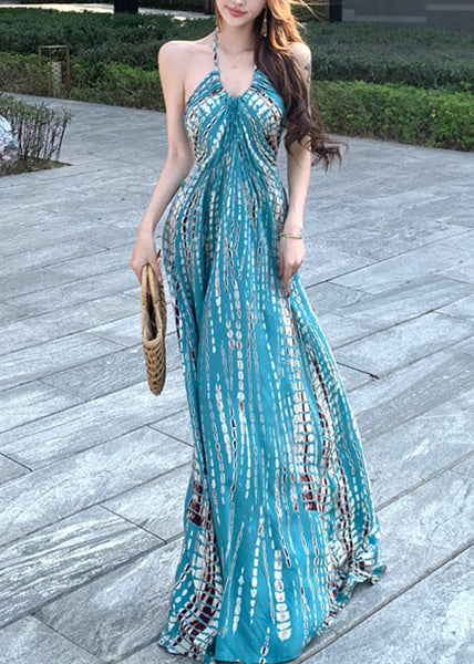 Print Dress Sleeveless Backless Blue Vacation Cotton Stylish FashionChic