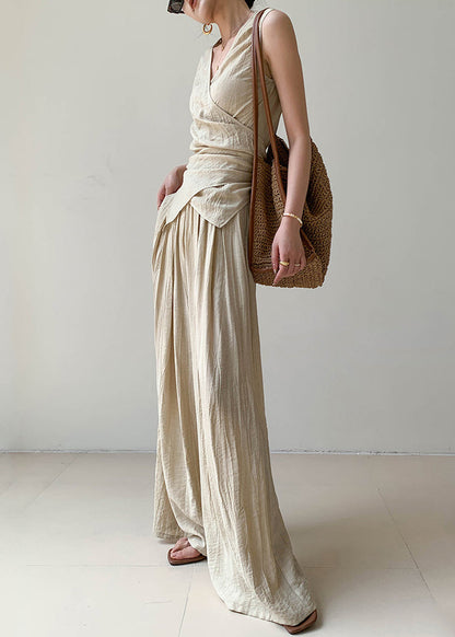 Boutique Apricot V Neck Wrinkled Linen Vest And Wide Leg Pants Two Pieces Set Summer AN1025 Genistyle Shop