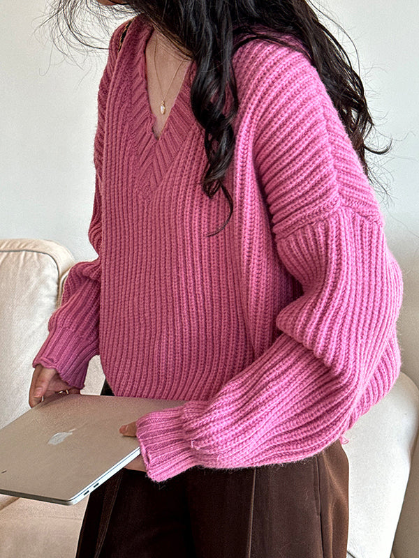 Urban Fuchsia V-Neck Long Sleeve Knit Sweater AN1046 Genistyle Shop