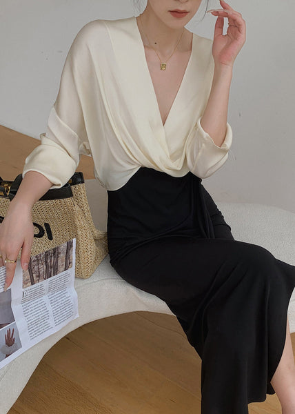 2024 New Chic Beige V Neck Chiffon Shirts Batwing Sleeve EE034 shopify