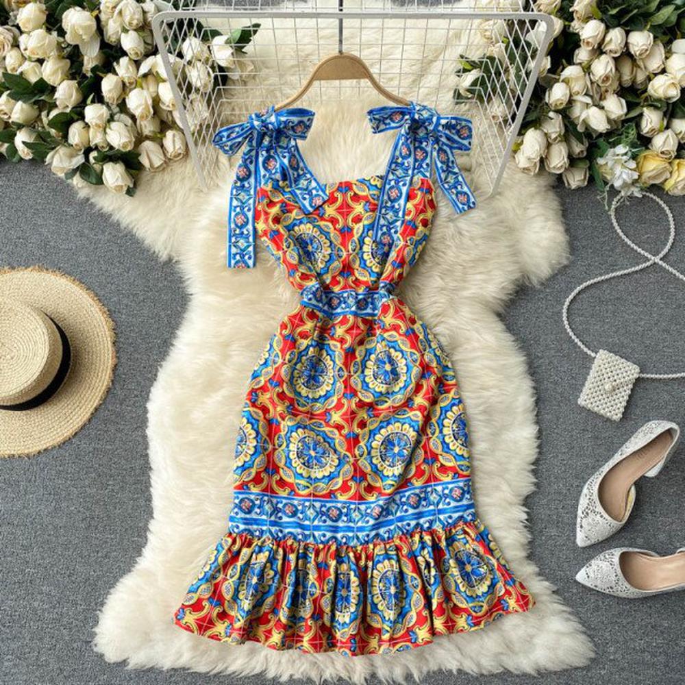 Retro Blue Square Neck Contrast Color Print Bow Decor Strap Ruffled Hem Dress AR1024 shopify