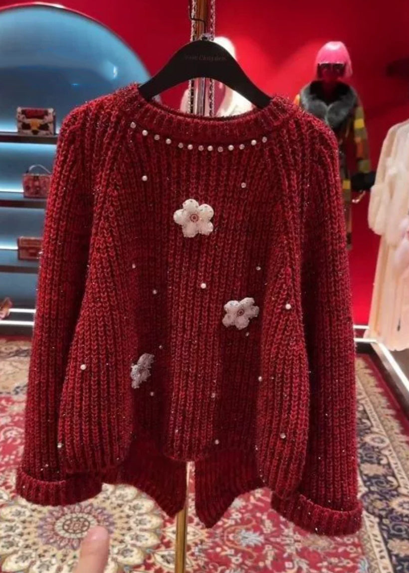 Stylish Red O-Neck Floral Nail Bead Thick Cotton Knit Sweater Tops Winter WD037 OL-NTP241103