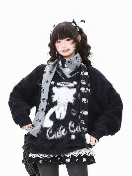 Pink/Black Daily with Cat Letter Kawaii V-neck in Sweater Pattern FashionChic
