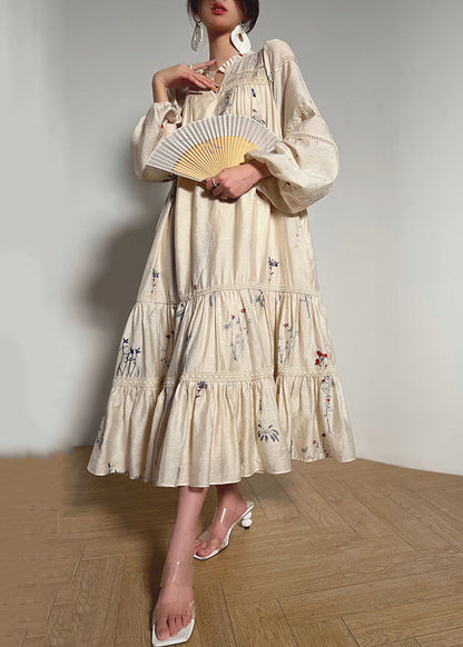 Loose Beige Embroidered Ruffled Pockets Linen Dress Long Sleeve AJ1033 shopify