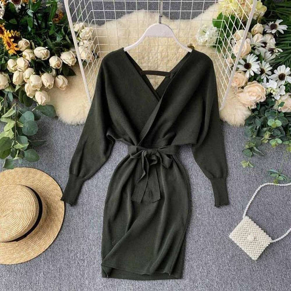 Elegant Beige V Neck Tie Waist Long Batwing Sleeve Dress AR1021 shopify