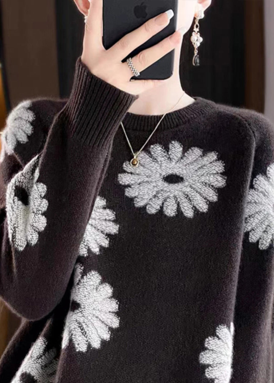 Loose Coffee O-Neck Print Wool Knit Sweaters Fall QP043 OL-NTP241001